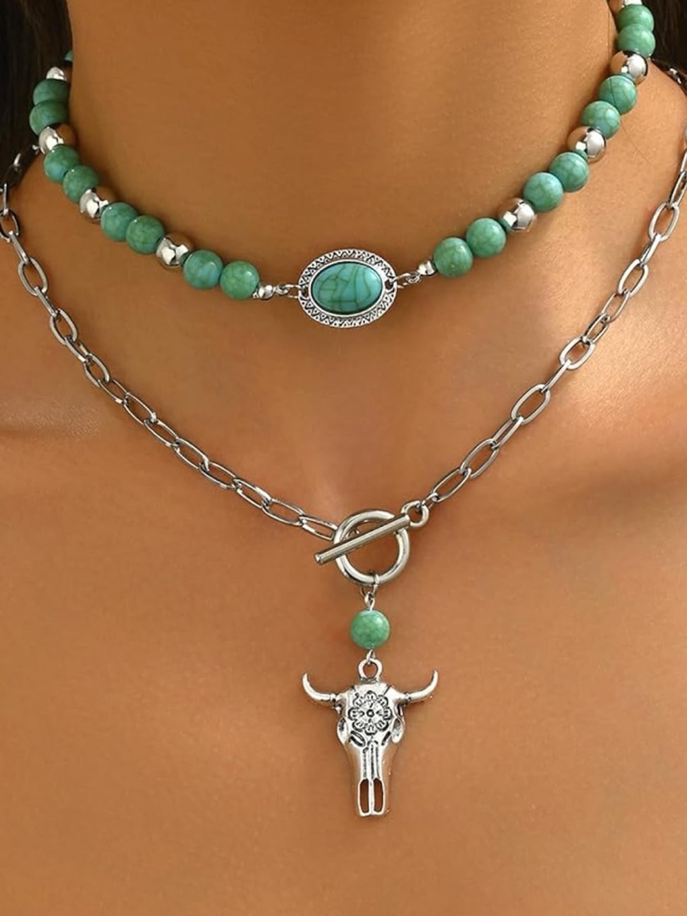 Anthropologie Silver Chain & Turquoise Bead Layered Necklace Set
